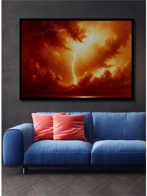Çerçeve Görünümlü Kızıl Kıyamet Fırtınası Yağlı Boya Görünümlü Dekoratif Ahşap Ofis Kare Tablo