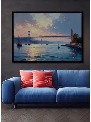 Çerçeve Görünümlü Istanbul Boğazı Köprüsü Yağlı Boya Görünümlü Dekoratif Ahşap Ofis Kare Tablo
