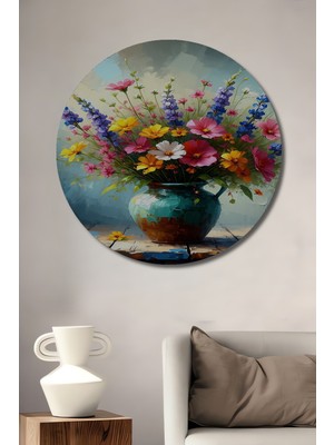 Vazoda Çiçek Şöleni Yağlı Boya Görünümlü Dekoratif Ahşap Ev/işyeri/ofis Yuvarlak Tablo