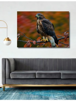 Yağlı Boya Görünümlü Şahin ve Sonbahar Yaprakları Ev/işyeri/ofis Dekoratif Ahşap Kare Tablosu