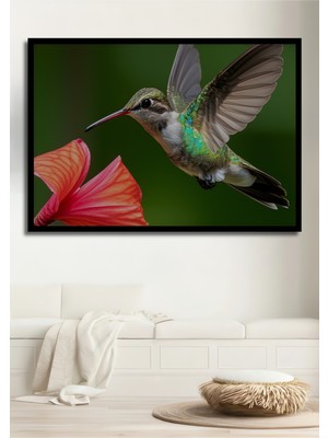 Çerçeve Görünümlü Sulu Boya Görünümlü Kolibri Kuşu ve Hibiskus Çiçeği Ahşap Ofis Kare Tablo