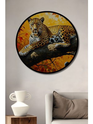 Çerçeve Görünümlü Ağaç Dalında Yağlı Boya Görünümlü Jaguar Ofis Dekoratif Ahşap Yuvarlak Tablo