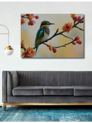 Gökkuşağı Renkli Arı Kuşu ve Çiçekler Yağlı Boya Görünümlü Dekoratif Ahşap Ev/işyeri/ofis Tablo