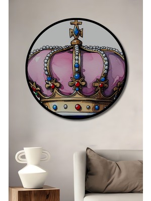 Çerçeve Görünümlü Pembe Kraliyet Tacı Sulu Boya Görünümlü Dekoratif Ahşap Ofis Yuvarlak Tablo