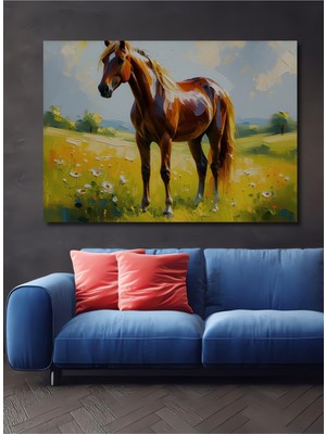 Yağlı Boya Görünümlü Muhteşem At ve Çiçekler Ev/işyeri/ofis Dekoratif Ahşap Kare Tablosu