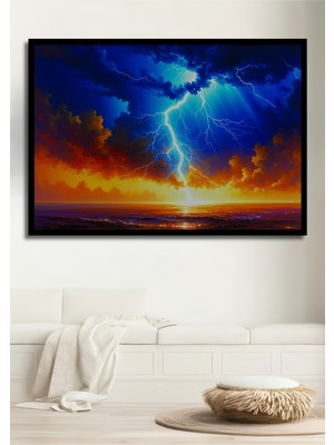 Çerçeve Görünümlü Gök Gürültüsü Fırtına Yağlı Boya Görünümlü Dekoratif Ahşap Işyeri/ofis Kare Tablo