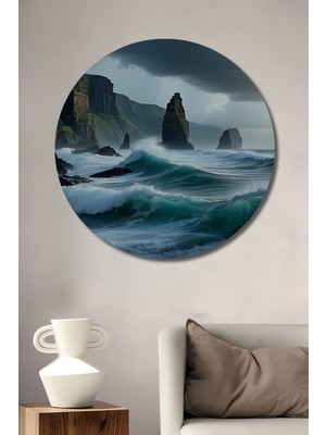 Muhteşem Fırtına Deniz Manzarası Yağlı Boya Görünümlü Dekoratif Ahşap Ev/işyeri/ofis Yuvarlak Tablo