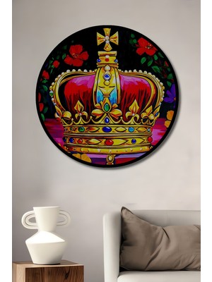 Çerçeve Görünümlü Kraliyet Tacı Çiçek Bahçesi Yağlı Boya Görünümlü Ahşap Ofis Yuvarlak Tablo