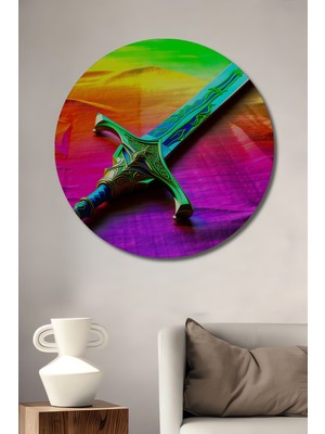 Gökkuşağı Zemin Üzerinde Fantastik Kılıç Yağlı Boya Görünümlü Dekoratif Ahşap Ev/işyeri/ofis Tablo