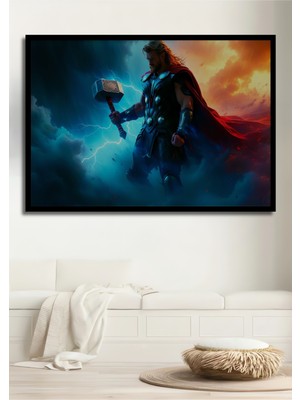 Çerçeve Görünümlü Thor Çekiç Mjolnir Fırtına Tanrısı Yağlı Boya Görünümlü Ahşap Ofis Kare Tablo