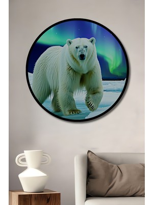 Çerçeve Görünümlü Kutup Ayısı ve Kuzey Işıkları Yağlı Boya Görünümlü Ofis Ahşap Yuvarlak Tablo