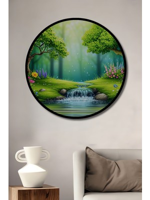 Çerçeve Görünümlü Büyülü Şelale Çiçek Bahçesi Yağlı Boya Görünümlü Ofis Ahşap Yuvarlak Tablo