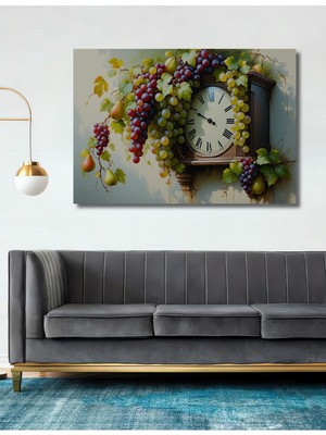 Üzüm ve Armutlu Antika Saat Yağlı Boya Görünümlü Dekoratif Ahşap Ev/işyeri/ofis Kare Tablo