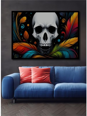 Çerçeve Görünümlü Renkli Tüylerle Dans Eden Kafatası Yağlı Boya Görünümlü Ofis Ahşap Kare Tablo