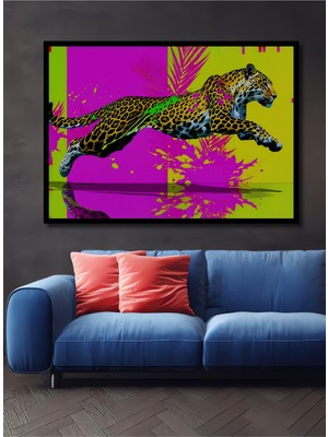 Çerçeve Görünümlü Neon Leopar Modern Sanat Yağlı Boya Görünümlü Dekoratif Ahşap Ofis Kare Tablo