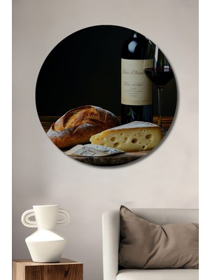 Şarap Peynir Ekmek Üçlüsü Yağlı Boya Görünümlü Dekoratif Ahşap Ev/işyeri/ofis Yuvarlak Tablo
