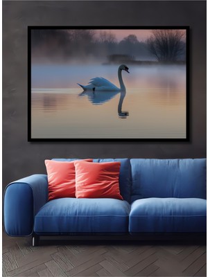 Çerçeve Görünümlü Pastel Tonlarda Kuğu Gölü Yağlı Boya Görünümlü Dekoratif Ahşap Ofis Kare Tablo