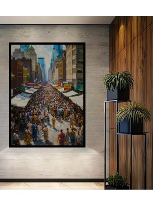 Çerçeve Görünümlü New York Sokak Pazarı Yağlı Boya Görünümlü Dekoratif Ahşap Işyeri/ofis Kare Tablo