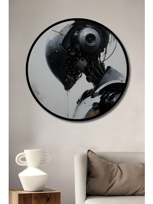 Çerçeve Görünümlü Fütüristik Robot Yağlı Boya Görünümlü Dekoratif Ahşap Işyeri/ofis Yuvarlak Tablo