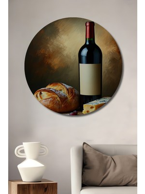 Şarap Peynir Ekmek Üzüm Yağlı Boya Görünümlü Dekoratif Ahşap Ev/işyeri/ofis Yuvarlak Tablo