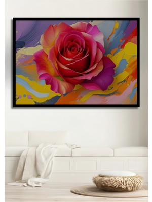 Çerçeve Görünümlü Modern Sanat Dokunuşlu Göz Alıcı Gül Yağlı Boya Görünümlü Ahşap Ofis Kare Tablo