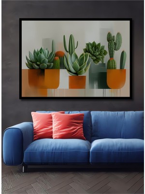 Çerçeve Görünümlü Modern Sanat Kaktüs Sukulent Yağlı Boya Görünümlü Dekoratif Ahşap Ofis Kare Tablo