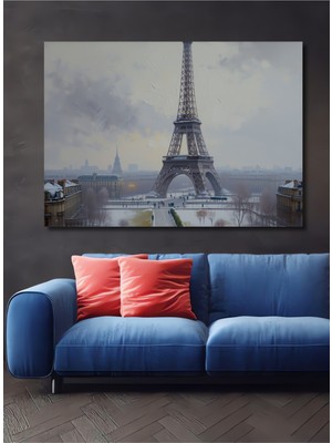 Karlı Paris Eyfel Kulesi Yağlı Boya Görünümlü Dekoratif Ahşap Ev/işyeri/ofis Kare Tablo