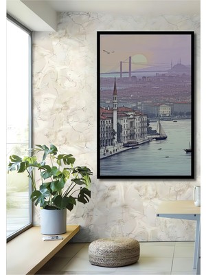 Çerçeve Görünümlü Istanbul Boğazı Nostaljik Kara Kalem Dekoratif Ahşap Ev/işyeri/ofis Kare Tablo
