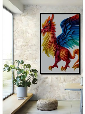 Çerçeve Görünümlü Kağıt Sanatı Görünümlü Griffin Efsanevi Kuş Ofis Dekoratif Ahşap Kare Tablo