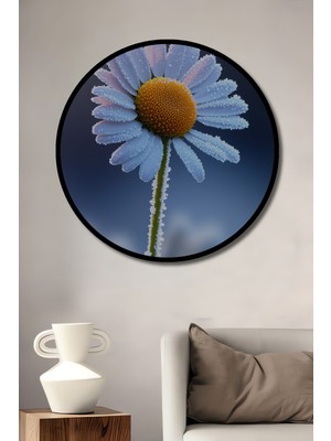 Çerçeve Görünümlü Buzlu Papatya Rüyası Yağlı Boya Görünümlü Dekoratif Ahşap Ofis Yuvarlak Tablo