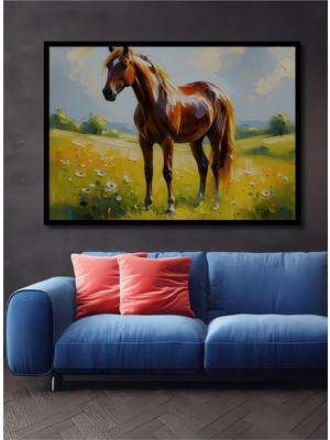 Çerçeve Görünümlü Yağlı Boya Görünümlü Muhteşem At ve Çiçekler Ofis Dekoratif Ahşap Kare Tablosu