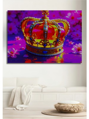 Çiçek Bahçesinde Altın Taç Yağlı Boya Görünümlü Dekoratif Ahşap Ev/işyeri/ofis Kare Tablo