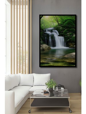 Çerçeve Görünümlü Yeşilin Büyüsü Şelale Manzarası Dekoratif Ahşap Ev/işyeri/ofis Kare Tablo