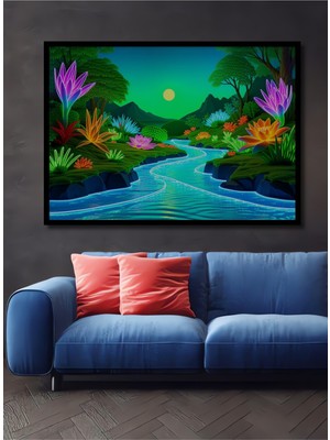 Çerçeve Görünümlü Neon Çiçekler Diyarı Dekoratif Ahşap Görünümlü Ev/işyeri/ofis Kare Tablo