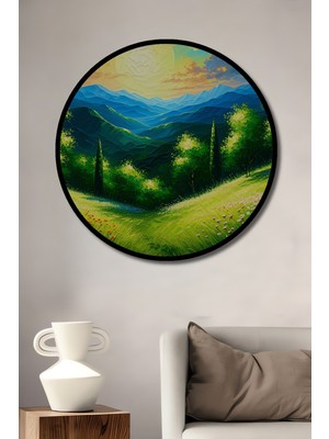 Çerçeve Görünümlü Yağlı Boya Görünümlü Yeşil Vadi Manzarası Dekoratif Ahşap Ofis Yuvarlak Tablo