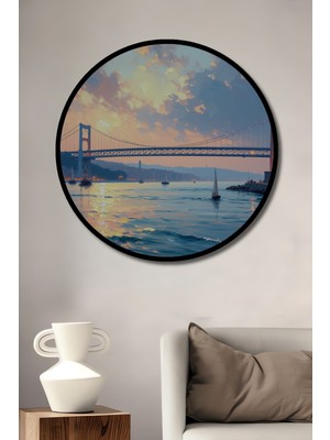 Çerçeve Görünümlü Istanbul Boğazı Köprüsü Yağlı Boya Görünümlü Dekoratif Ahşap Ofis Yuvarlak Tablo