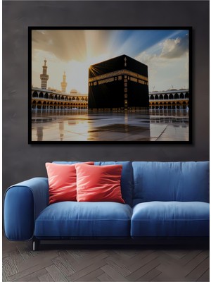 Çerçeve Görünümlü Kabe Nin Altın Işıltısı Yağlı Boya Görünümlü Dekoratif Ahşap Ofis Kare Tablo