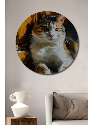 Yağlı Boya Görünümlü Tatlı Kedi Dekoratif Ahşap Ev/işyeri/ofis Yuvarlak Tablo