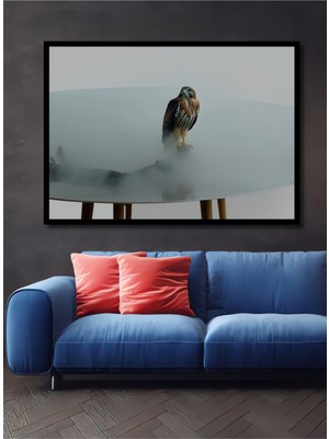 Çerçeve Görünümlü Sisli Dalda Şahin Yağlı Boya Görünümlü Dekoratif Ahşap Ev/işyeri/ofis Kare Tablo