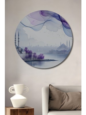 Istanbul Rüya Şehri Sulu Boya Görünümlü Dekoratif Ahşap Ev/işyeri/ofis Yuvarlak Tablo
