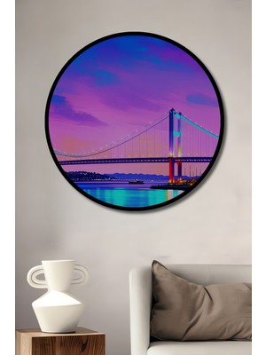 Çerçeve Görünümlü Pembe Gökyüzü Altında Köprü Manzarası Yağlı Boya Görünümlü Ahşap Ofis Tablo