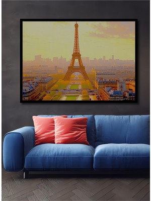 Çerçeve Görünümlü Eiffel Kulesi Yağlı Boya Görünümlü Paris Manzarası Ahşap Ofis Kare Tablo
