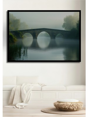 Çerçeve Görünümlü Sisli Nehir Köprüsü Manzarası Yağlı Boya Görünümlü Ahşap Ofis Kare Tablo