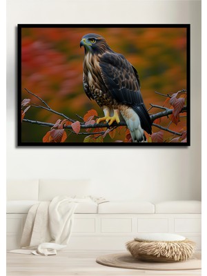 Çerçeve Görünümlü Yağlı Boya Görünümlü Şahin ve Sonbahar Yaprakları Ofis Ahşap Kare Tablosu