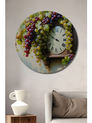 Üzüm ve Armutlu Antika Saat Yağlı Boya Görünümlü Dekoratif Ahşap Ev/işyeri/ofis Yuvarlak Tablo