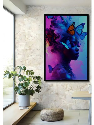 Çerçeve Görünümlü Neon Işıltılı Kelebek Dansı Yağlı Boya Görünümlü Dekoratif Ahşap Ofis Kare Tablo