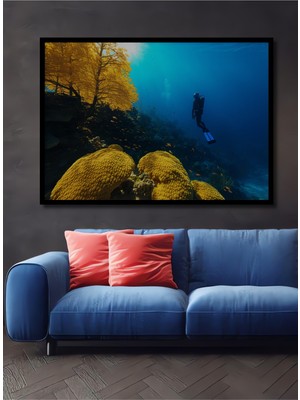 Çerçeve Görünümlü Deniz Dibi Mercanları ve Dalış Yağlı Boya Görünümlü Ahşap Ofis Kare Tablo