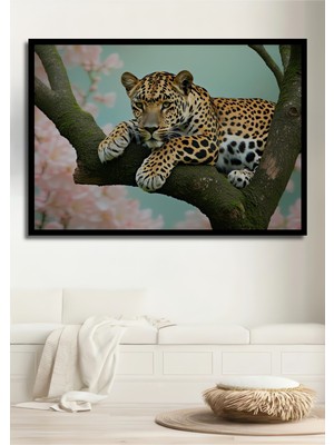 Çerçeve Görünümlü Dal Üzerinde Leopar Yağlı Boya Görünümlü Dekoratif Ahşap Işyeri/ofis Kare Tablo