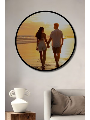 Çerçeve Görünümlü Gün Batımında Aşk Yürüyüşü Dekoratif Ahşap Ev/işyeri/ofis Yuvarlak Tablo