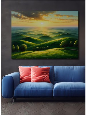 Yeşil Tepeler Yağlı Boya Görünümlü Doğa Manzarası Dekoratif Ahşap Ev/işyeri/ofis Kare Tablo